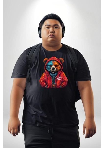 Kırmızı Hoodie Ayı Siyah Büyük Beden Erkek Kadın Unisex Basic Ön Baskılı Tişört