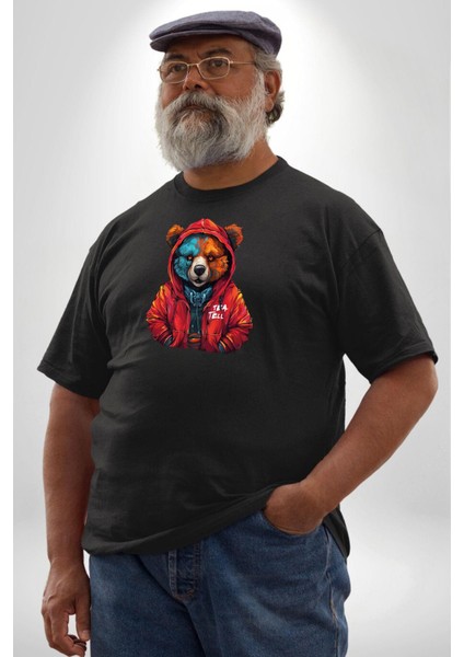 Kırmızı Hoodie Ayı Siyah Büyük Beden Erkek Kadın Unisex Basic Ön Baskılı Tişört modelleri