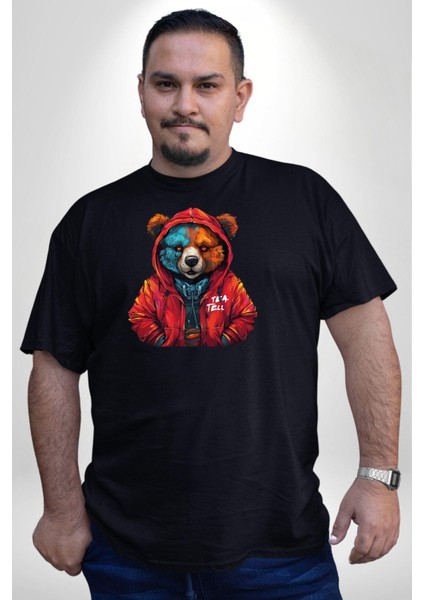 Kırmızı Hoodie Ayı Siyah Büyük Beden Erkek Kadın Unisex Basic Ön Baskılı Tişört fırsatları