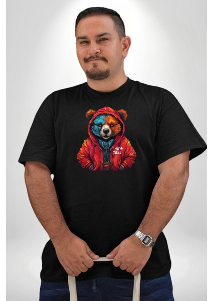 Kırmızı Hoodie Ayı Siyah Büyük Beden Erkek Kadın Unisex Basic Ön Baskılı Tişört indirimleri