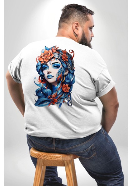 Kızlar Modası Dövme Çiçek Büyük Beden Beyaz Tişört Kadın Erkek Ünisex Sırt Baskılı