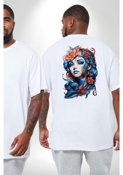 Kızlar Modası Dövme Çiçek Büyük Beden Beyaz Tişört Kadın Erkek Ünisex Sırt Baskılı fiyatları
