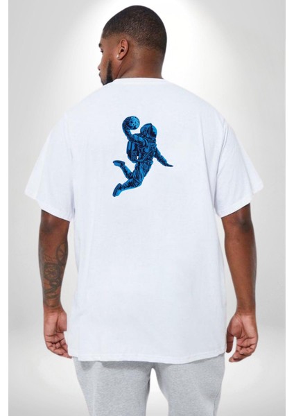 Basketbol Mars Uzay Smaçı Büyük Beden Beyaz Tişört Kadın Erkek Ünisex Sırt Baskılı