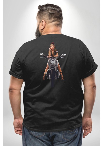 Motosiklet Kadın Büyük Beden Siyah Tişört Kadın Erkek Ünisex Sırt Baskılı