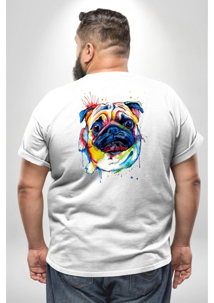 Sulu Boya Pug Köpek Büyük Beden Beyaz Tişört Kadın Erkek Ünisex Sırt Baskılı