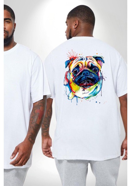 Sulu Boya Pug Köpek Büyük Beden Beyaz Tişört Kadın Erkek Ünisex Sırt Baskılı fiyatları