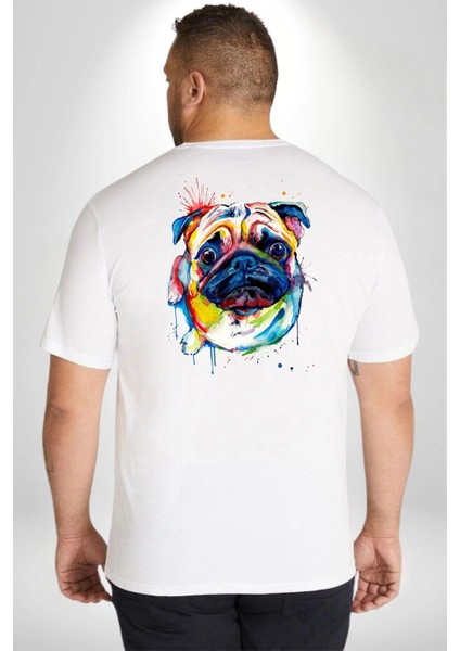 Sulu Boya Pug Köpek Büyük Beden Beyaz Tişört Kadın Erkek Ünisex Sırt Baskılı fırsatları