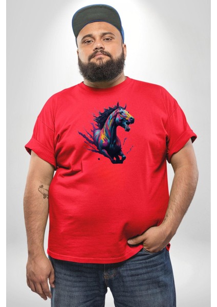 Renkli At Koşu Kırmızı Büyük Beden Erkek Kadın Unisex Basic Ön Baskılı Tişört