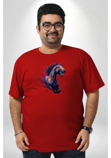 Renkli At Koşu Kırmızı Büyük Beden Erkek Kadın Unisex Basic Ön Baskılı Tişört