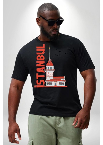 Istanbul Kız Kulesi Türkiye Siyah Büyük Beden Erkek Kadın Unisex Basic Ön Baskılı Tişört fırsatları