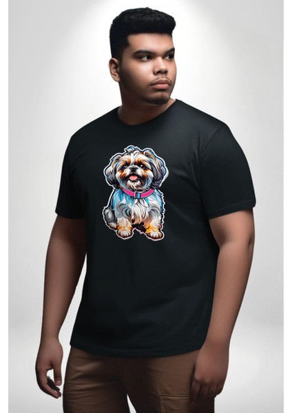 Shih Tzu Renkli Köpek Siyah Büyük Beden Erkek Kadın Unisex Basic Ön Baskılı Tişört