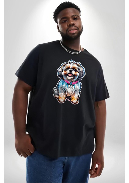 Shih Tzu Renkli Köpek Siyah Büyük Beden Erkek Kadın Unisex Basic Ön Baskılı Tişört modelleri