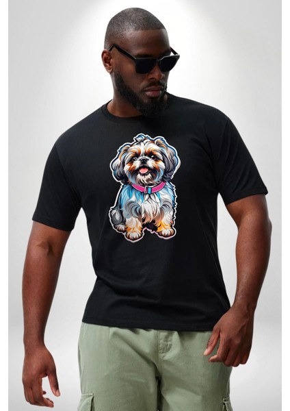 Shih Tzu Renkli Köpek Siyah Büyük Beden Erkek Kadın Unisex Basic Ön Baskılı Tişört fırsatları