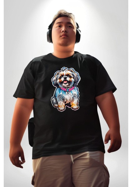 Shih Tzu Renkli Köpek Siyah Büyük Beden Erkek Kadın Unisex Basic Ön Baskılı Tişört indirimleri