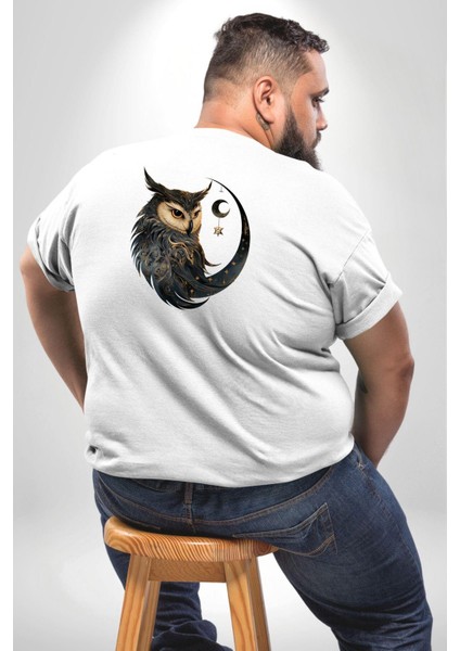 Ay Yıldız Bakır Renk Baykuş Büyük Beden Beyaz Tişört Kadın Erkek Ünisex Sırt Baskılı