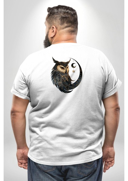 Ay Yıldız Bakır Renk Baykuş Büyük Beden Beyaz Tişört Kadın Erkek Ünisex Sırt Baskılı fırsatları