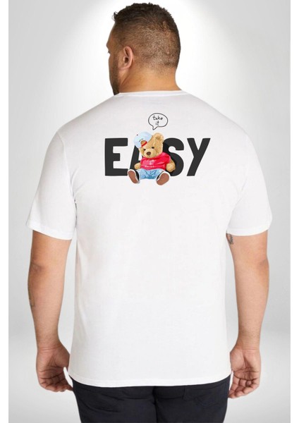 Teddy Boşver Tasarımı Büyük Beden Beyaz Tişört Kadın Erkek Ünisex Sırt Baskılı