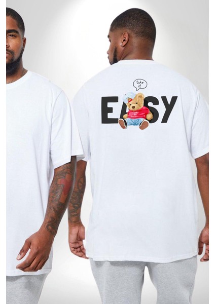 Teddy Boşver Tasarımı Büyük Beden Beyaz Tişört Kadın Erkek Ünisex Sırt Baskılı fiyatları