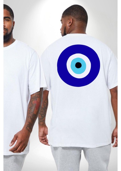 Nazar Boncuğu Büyük Beden Beyaz Tişört Kadın Erkek Ünisex Sırt Baskılı fiyatları