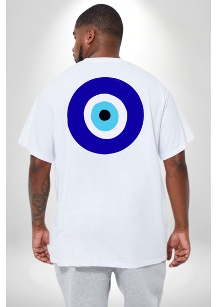 Nazar Boncuğu Büyük Beden Beyaz Tişört Kadın Erkek Ünisex Sırt Baskılı fırsatları