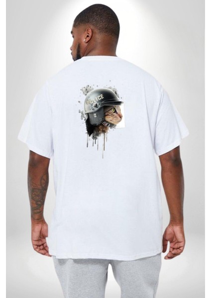 Kaket Polis Kedi Büyük Beden Beyaz Tişört Kadın Erkek Ünisex Sırt Baskılı