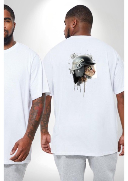 Kaket Polis Kedi Büyük Beden Beyaz Tişört Kadın Erkek Ünisex Sırt Baskılı fiyatları