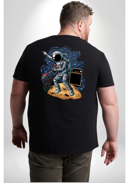 Gitar Astronot Müzik Uzay Büyük Beden Siyah Tişört Kadın Erkek Ünisex Sırt Baskılı