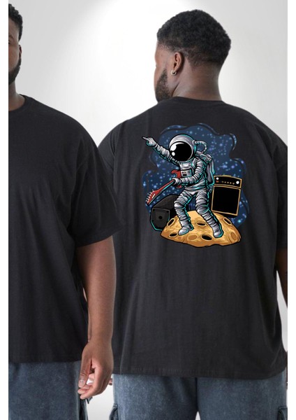 Gitar Astronot Müzik Uzay Büyük Beden Siyah Tişört Kadın Erkek Ünisex Sırt Baskılı fiyatları