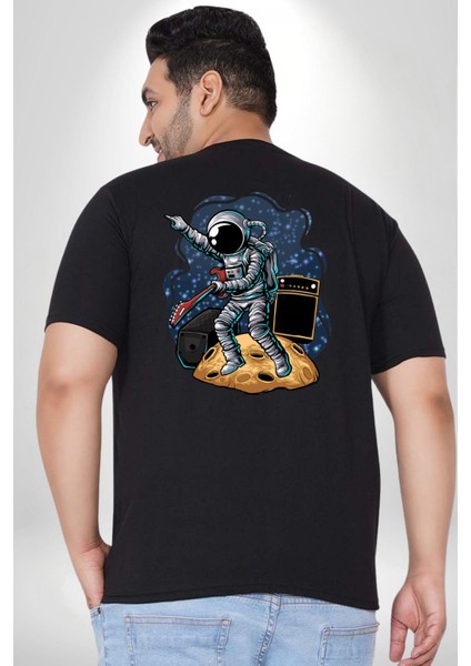 Gitar Astronot Müzik Uzay Büyük Beden Siyah Tişört Kadın Erkek Ünisex Sırt Baskılı fırsatları
