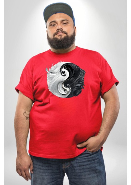 Kırmızı Beyaz Ying Yang Kırmızı Büyük Beden Erkek Kadın Unisex Basic Ön Baskılı Tişört