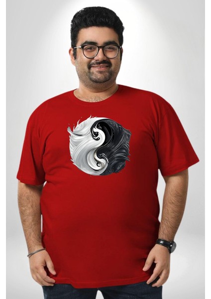 Kırmızı Beyaz Ying Yang Kırmızı Büyük Beden Erkek Kadın Unisex Basic Ön Baskılı Tişört