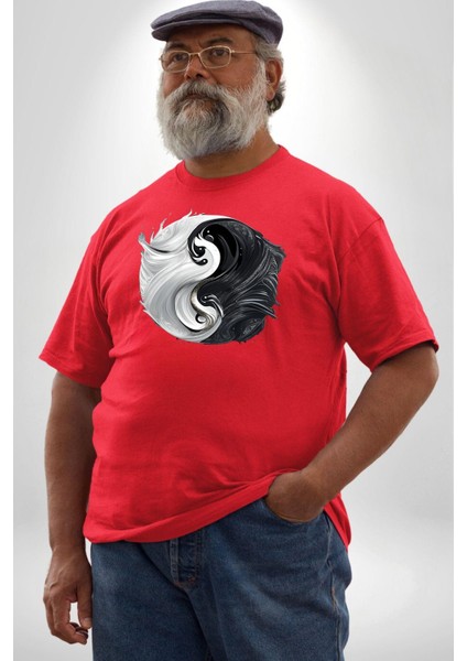 Kırmızı Beyaz Ying Yang Kırmızı Büyük Beden Erkek Kadın Unisex Basic Ön Baskılı Tişört