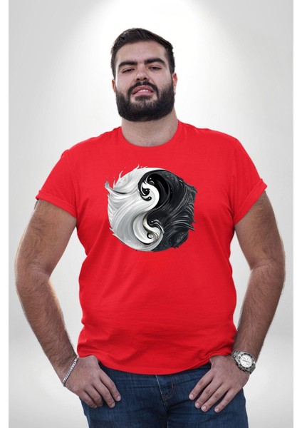 Kırmızı Beyaz Ying Yang Kırmızı Büyük Beden Erkek Kadın Unisex Basic Ön Baskılı Tişört