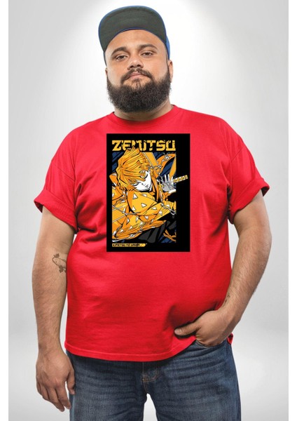 Zenitsu Agatsuma Anime Kırmızı Büyük Beden Erkek Kadın Unisex Basic Ön Baskılı Tişört