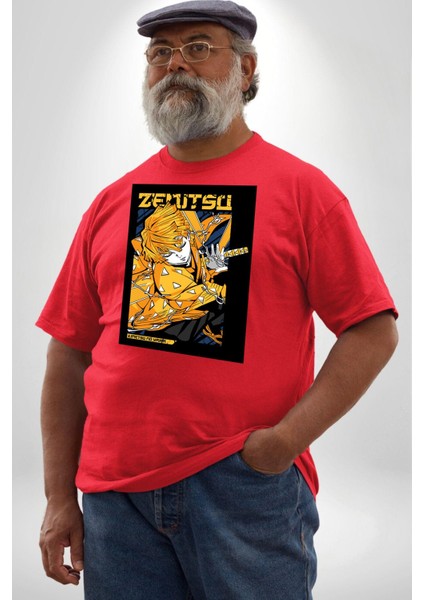 Zenitsu Agatsuma Anime Kırmızı Büyük Beden Erkek Kadın Unisex Basic Ön Baskılı Tişört modelleri