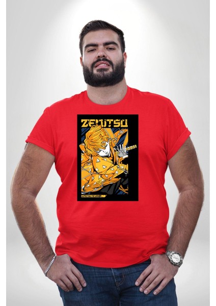 Zenitsu Agatsuma Anime Kırmızı Büyük Beden Erkek Kadın Unisex Basic Ön Baskılı Tişört fırsatları