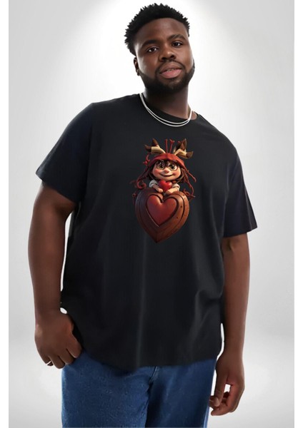 Çikolata Kız Kalbi Siyah Büyük Beden Erkek Kadın Unisex Basic Ön Baskılı Tişört fiyatları