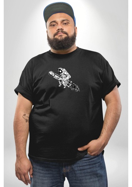 Roket Astronot Siyah Büyük Beden Erkek Kadın Unisex Basic Ön Baskılı Tişört fiyatları