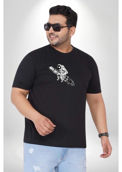 Roket Astronot Siyah Büyük Beden Erkek Kadın Unisex Basic Ön Baskılı Tişört indirimleri