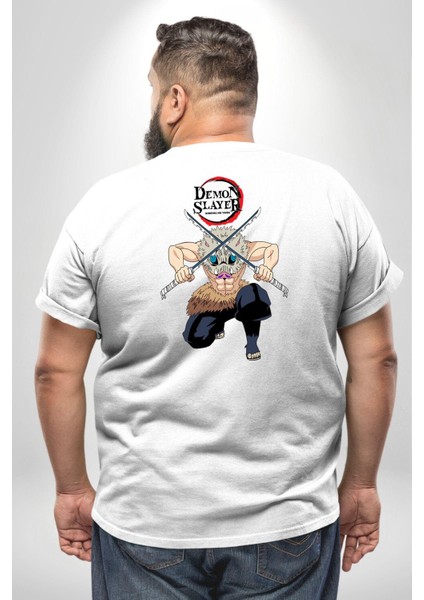 Anime Inosuke Hashibira Demon Slayer Büyük Beden Beyaz Tişört Kadın Erkek Ünisex Sırt Baskılı
