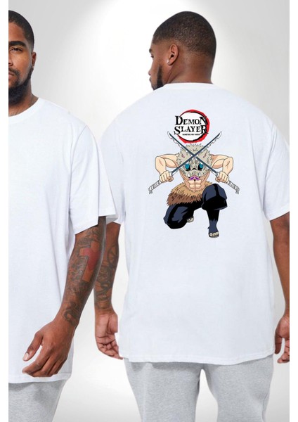 Anime Inosuke Hashibira Demon Slayer Büyük Beden Beyaz Tişört Kadın Erkek Ünisex Sırt Baskılı fiyatları