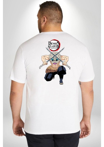 Anime Inosuke Hashibira Demon Slayer Büyük Beden Beyaz Tişört Kadın Erkek Ünisex Sırt Baskılı fırsatları