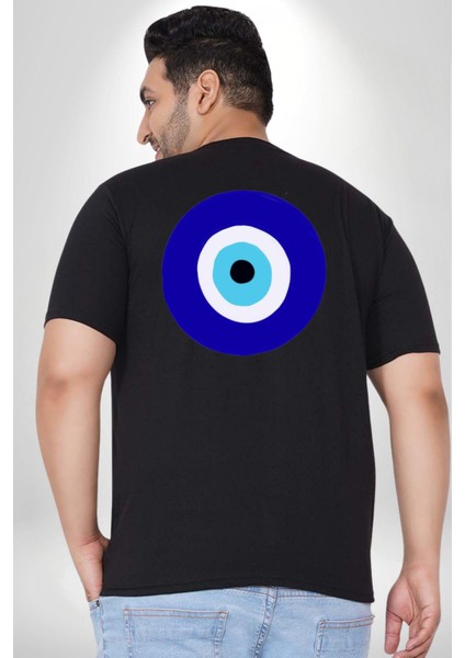 Nazar Boncuğu Büyük Beden Siyah Tişört Kadın Erkek Ünisex Sırt Baskılı