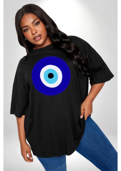 Nazar Boncuğu Siyah Büyük Beden Erkek Kadın Unisex Basic Ön Baskılı Tişört