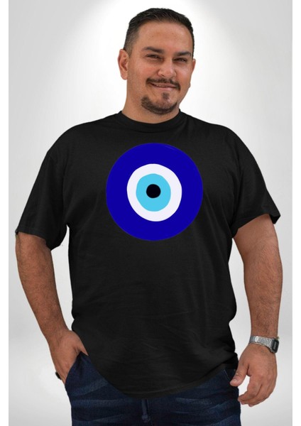 Nazar Boncuğu Siyah Büyük Beden Erkek Kadın Unisex Basic Ön Baskılı Tişört fiyatları