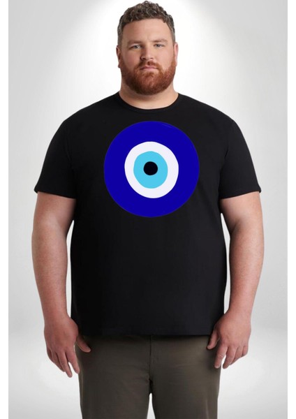 Nazar Boncuğu Siyah Büyük Beden Erkek Kadın Unisex Basic Ön Baskılı Tişört modelleri