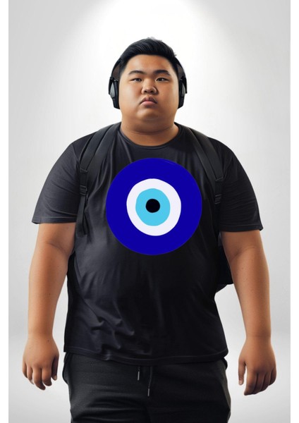 Nazar Boncuğu Siyah Büyük Beden Erkek Kadın Unisex Basic Ön Baskılı Tişört fırsatları