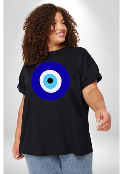 Nazar Boncuğu Siyah Büyük Beden Erkek Kadın Unisex Basic Ön Baskılı Tişört indirimleri