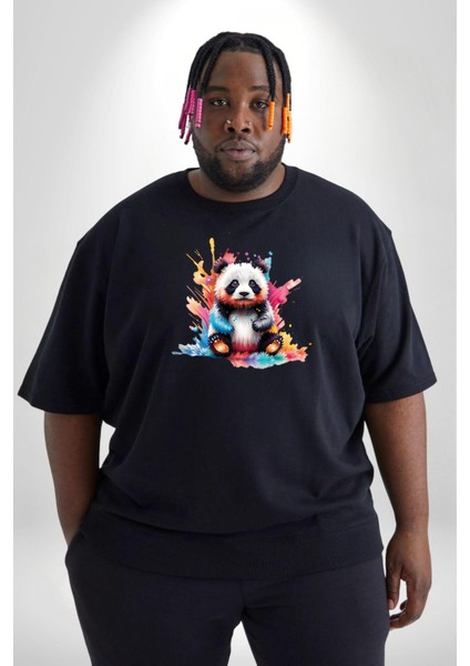 Renkli Yavru Panda Siyah Büyük Beden Erkek Kadın Unisex Basic Ön Baskılı Tişört
