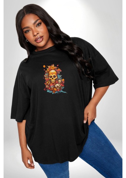 Renkli Kurukafa Hippi Siyah Büyük Beden Erkek Kadın Unisex Basic Ön Baskılı Tişört